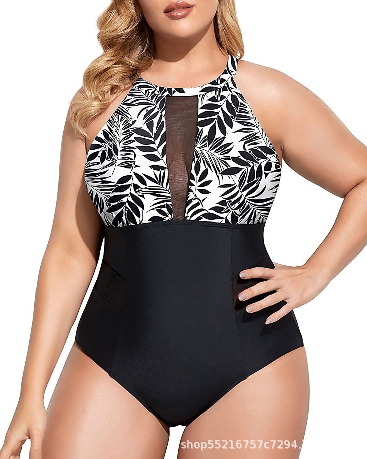 Women Plus Size One Piece Swimsuit High Neck Plunge Mesh Cut Out Bathing Suits